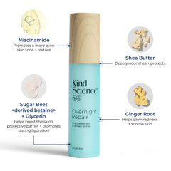 Kind Science Niacinamide ingredient swatch emphasizing even-toned skin over time.
