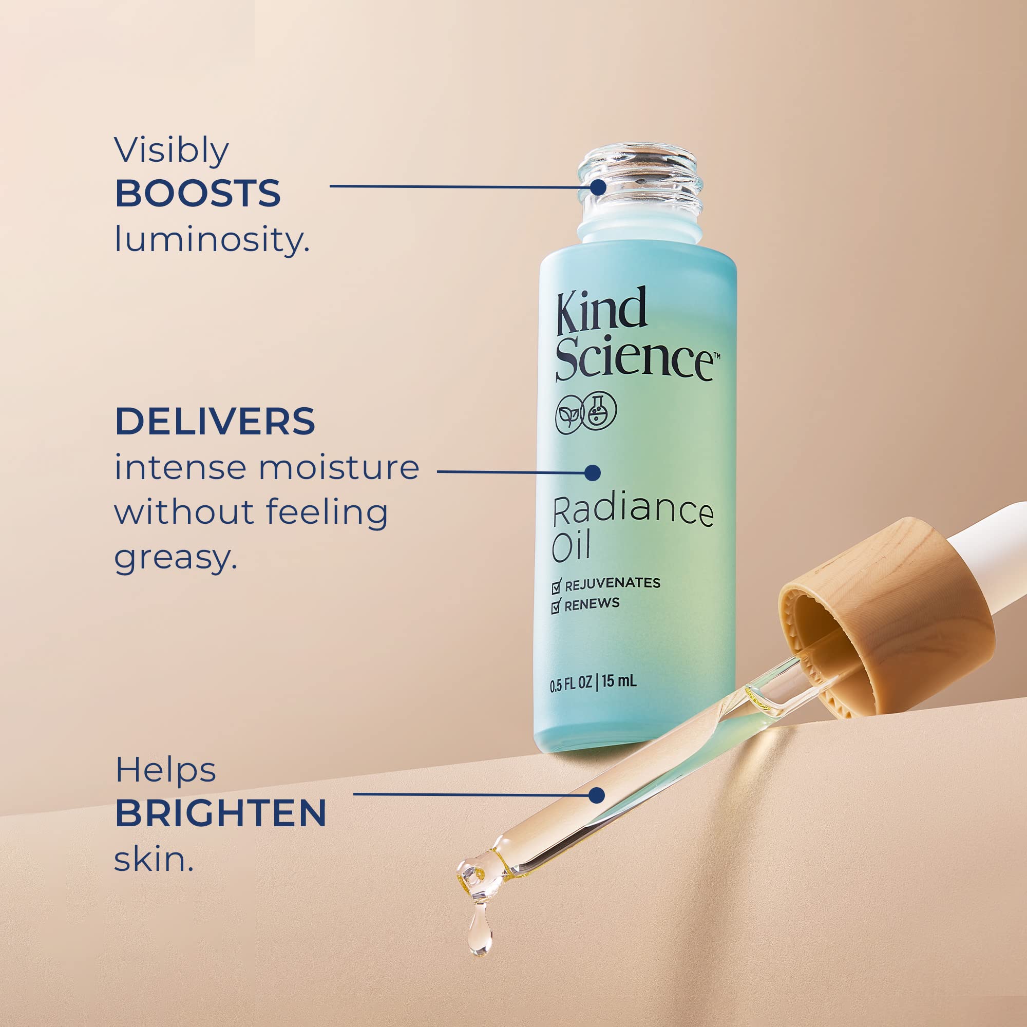 Kind Science Radiance Oil dropper application demonstrates lightweight non-greasy texture