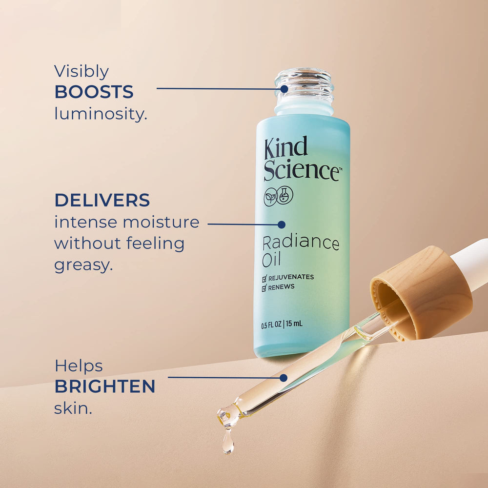 Kind Science Radiance Oil dropper application demonstrates lightweight non-greasy texture