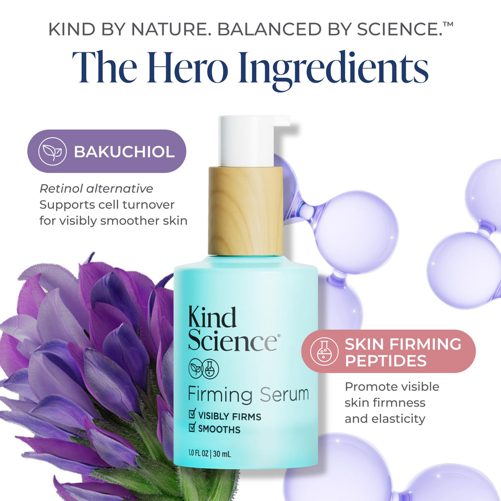 Kind Science Serum close-up label highlighting clean, skin-kind formula