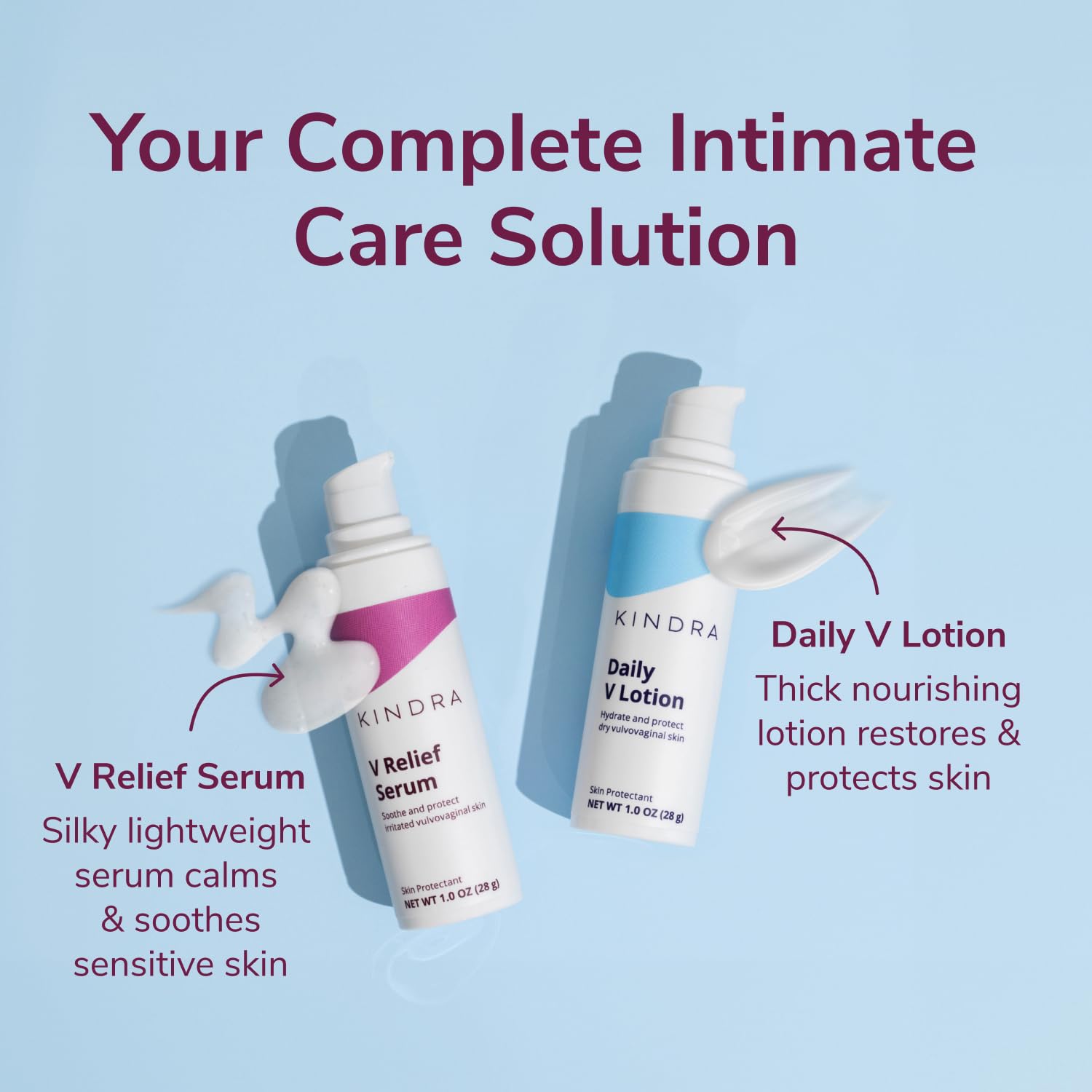 Kindra V Serum sensory-relief focus suggests calming, soothing rituals.