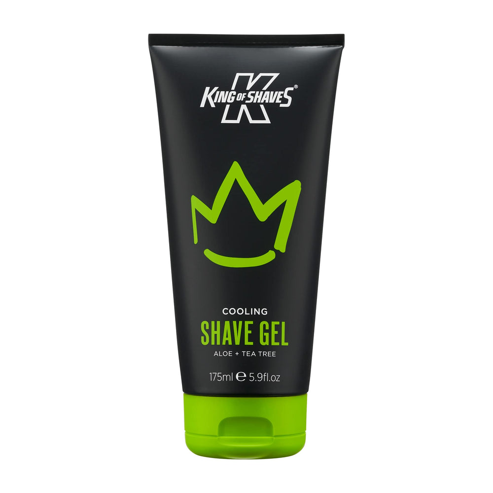 King of Shaves Cooling Shave Gel bottle showing Aloe and Tea Tree for sensitive skin benefits
