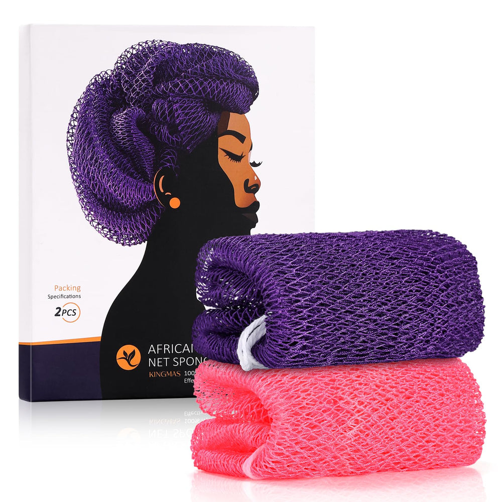 KINGMAS African Net Sponge back-scrubber close-up in purple-pink, exfoliating texture.