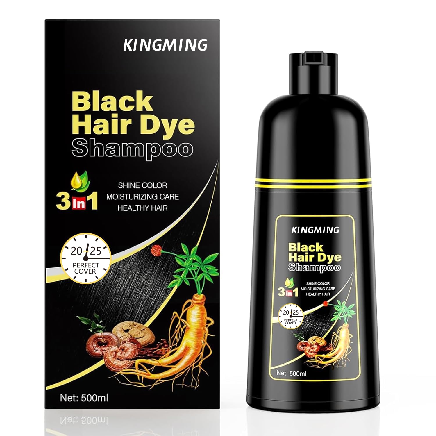 Kingming black hair dye shampoo bottle closeup for rich color