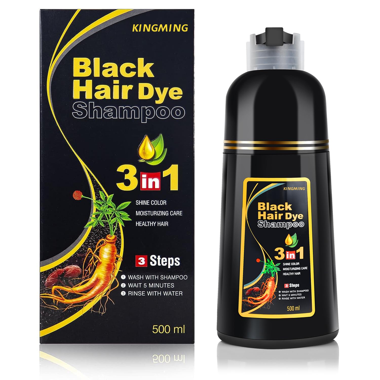 KINGMING black hair dye shampoo bottle pour shows quick, mess-free coverage