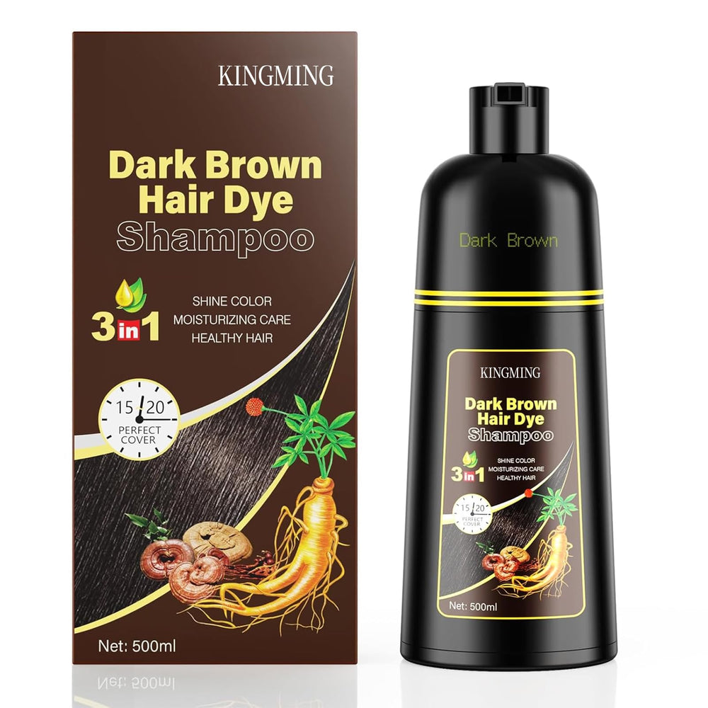KINGMING dark brown hair dye shampoo bottle for easy at-home color.