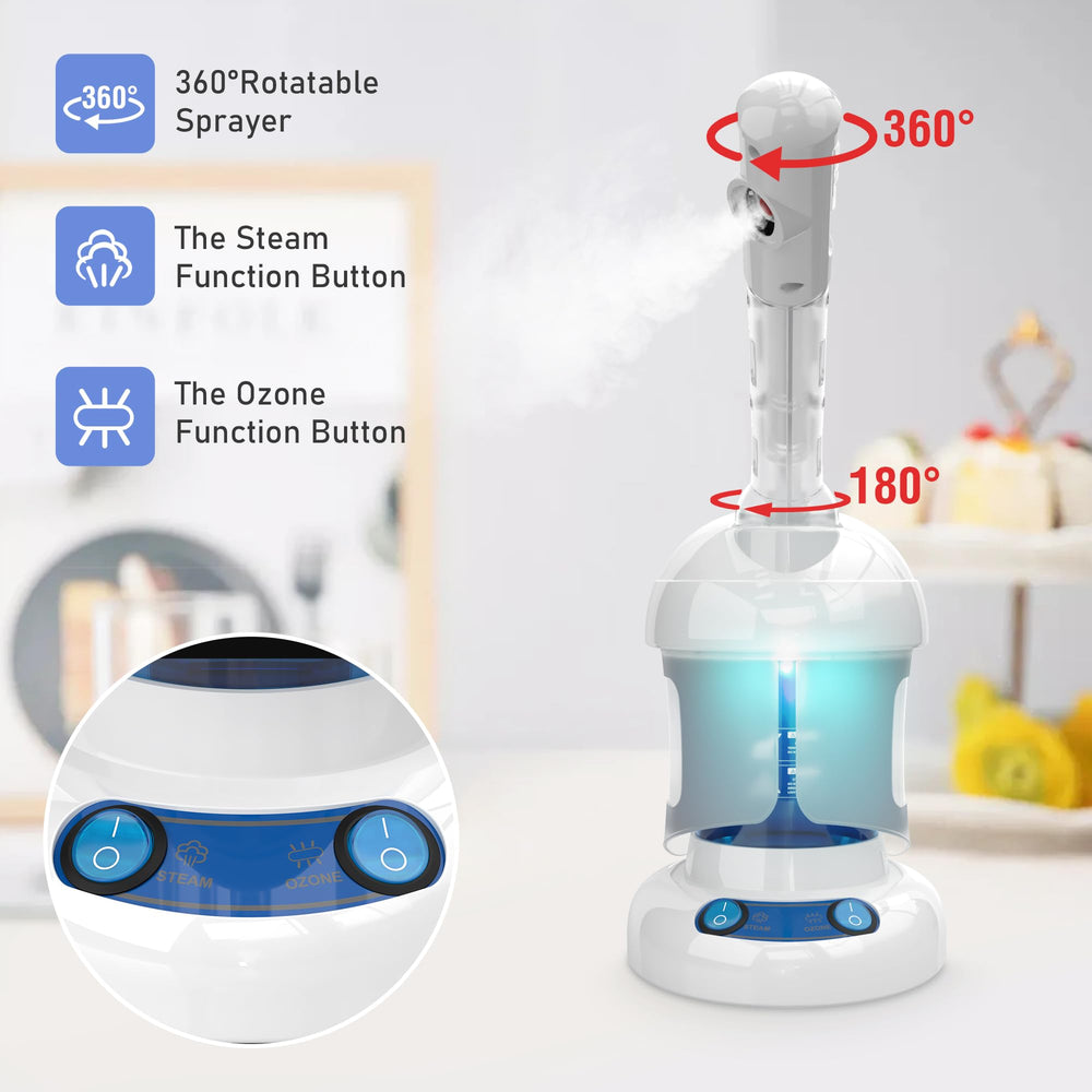 Kingsteam facial steamer nano ionic mist enhances hydration and product absorption.