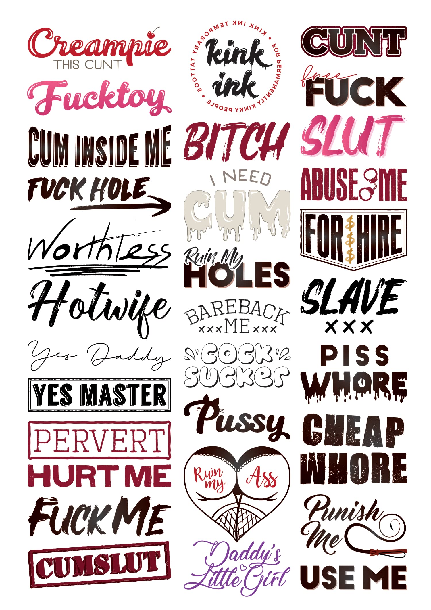 Kink Ink 30-tattoo sheet closeup shows bold designs for confident self-expression.