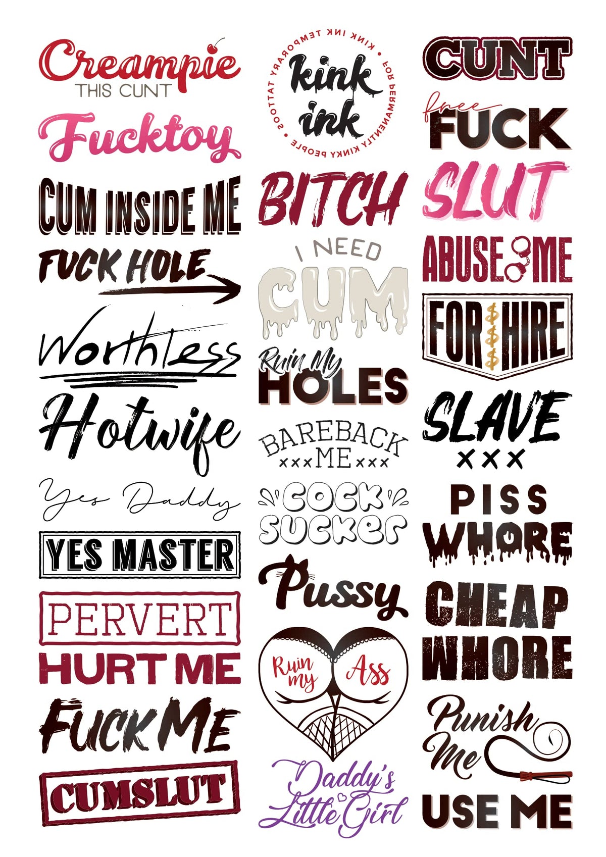 Kink Ink 30-tattoo sheet closeup shows bold designs for confident self-expression.