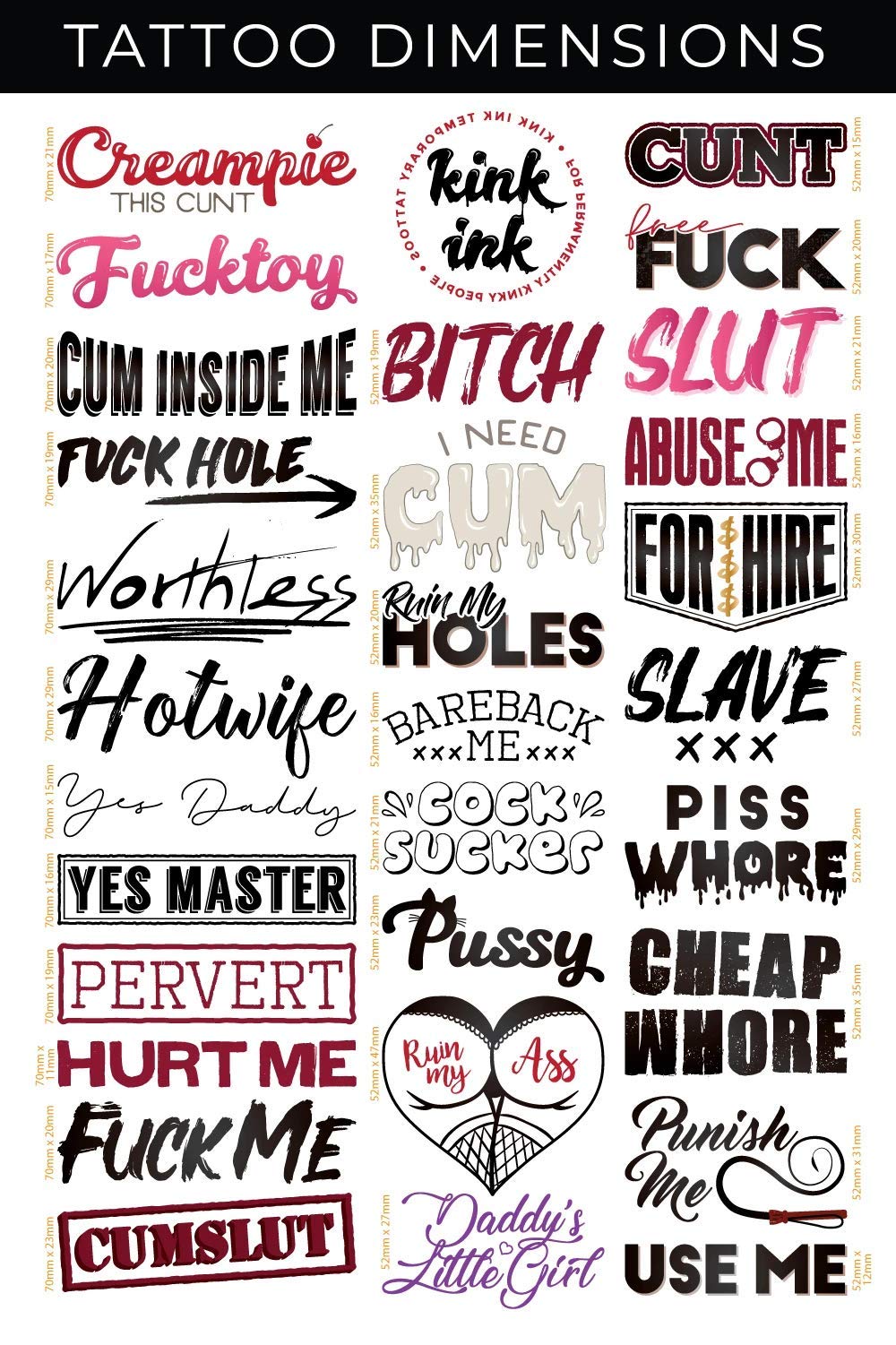 Kink Ink hardcore-words designs on sheet highlight edgy statements for playful style.