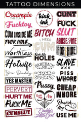 Kink Ink hardcore-words designs on sheet highlight edgy statements for playful style.