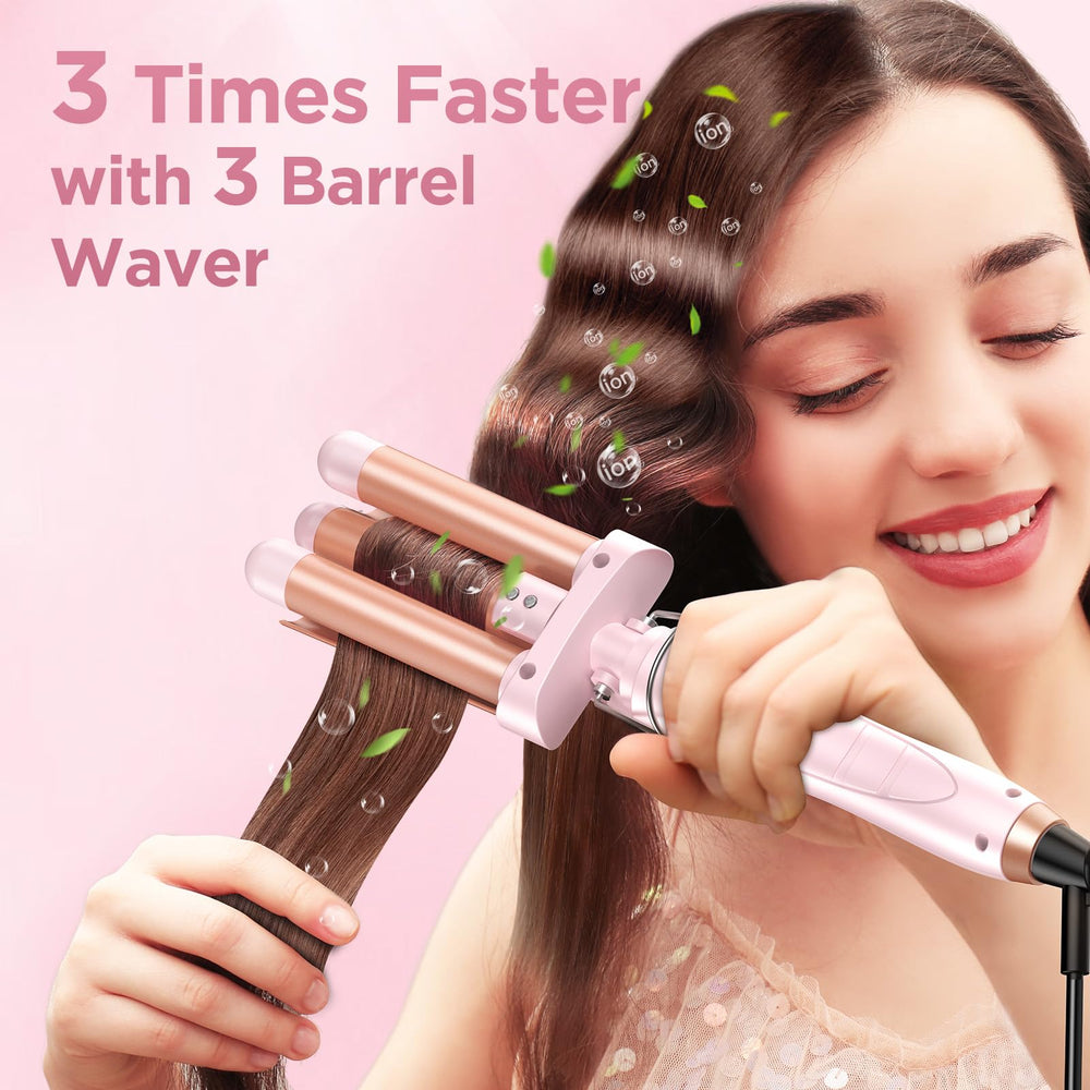 Kinked 5-in-1 Wand triple-barrel waver creates beachy texture