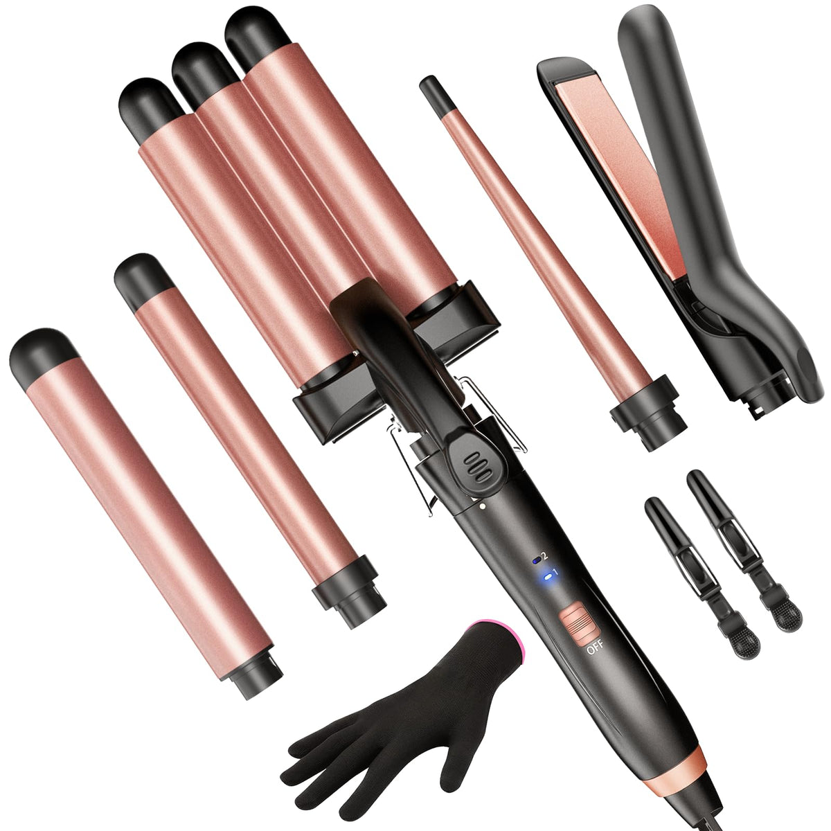 Kinked 5-in-1 wand set close-up shows the 1in straightener for smooth straight styles