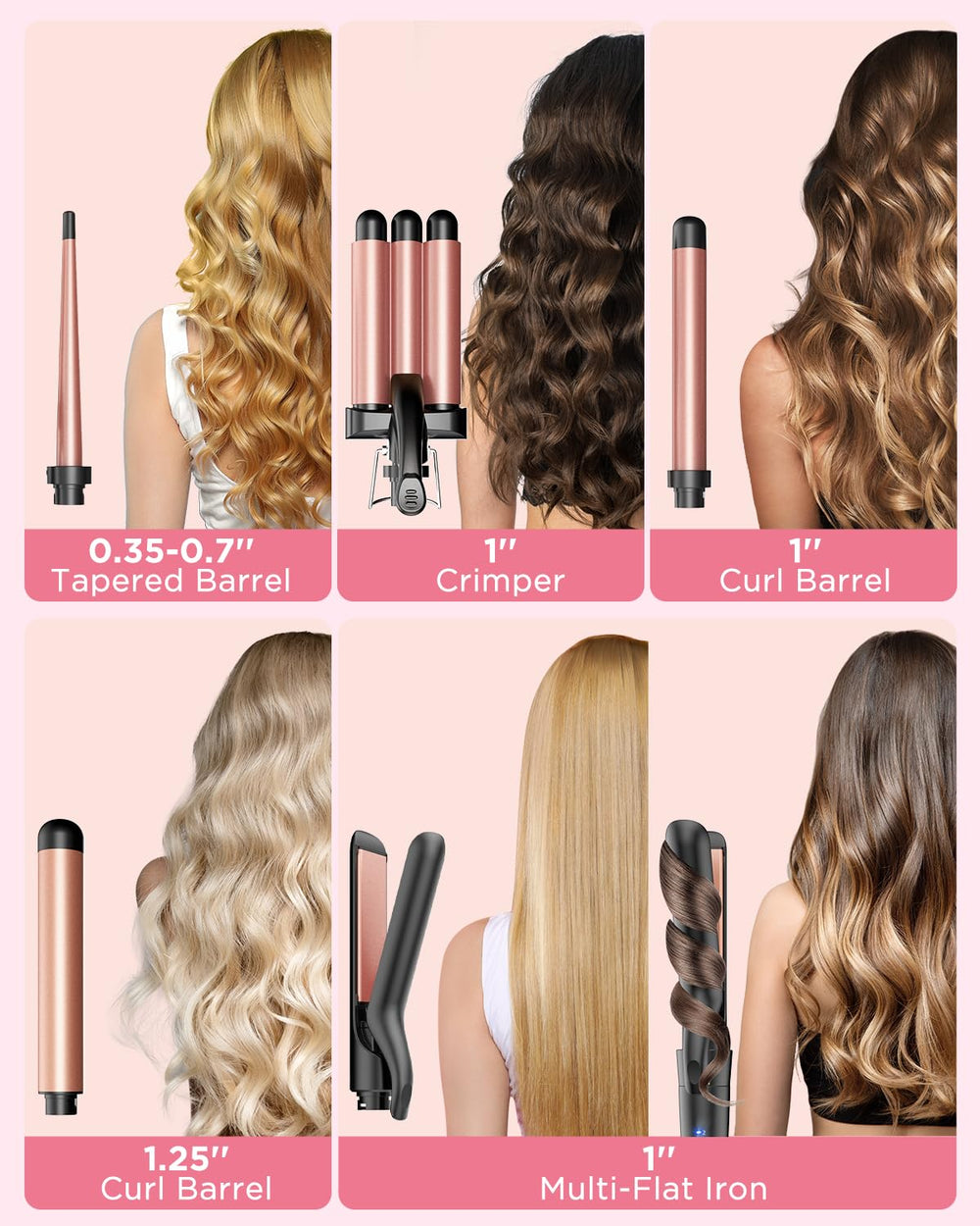 Kinked 5-in-1 tapered wand demonstrates versatile curl shaping for soft volume