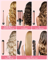 Kinked 5-in-1 tapered wand demonstrates versatile curl shaping for soft volume