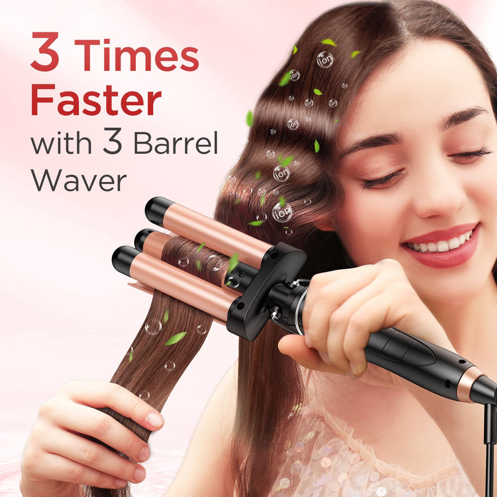 Kinked triple-barrel waver close-up for beachy, voluminous waves.