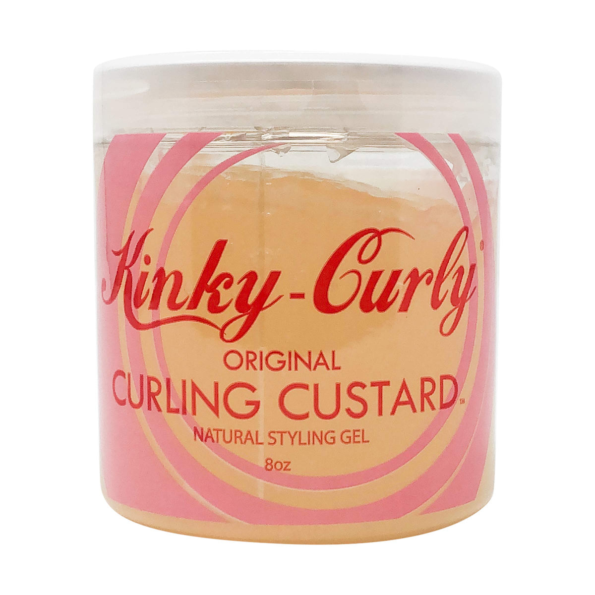 Kinky Curly Curl Custard Gel bottle pouring to emphasize shine and defined curls.
