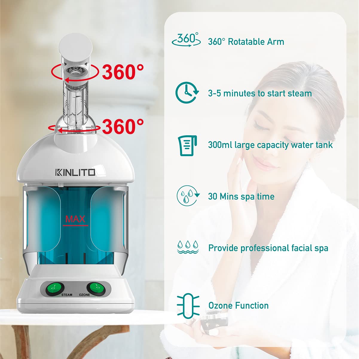 KINLITO facial steamer tabletop design fits vanity at home or studio