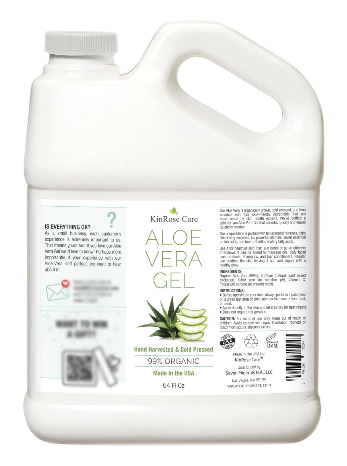KinRose Care Aloe Vera Gel USA-made packaging emphasizes vegan, pure aloe.