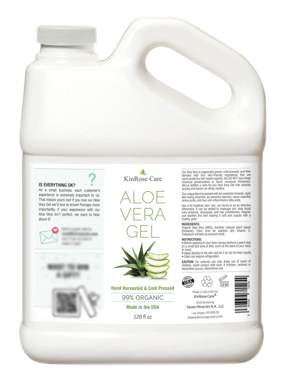 KinRose Care Aloe Vera Gel USA-made label emphasizes vegan unscented skincare in bulk