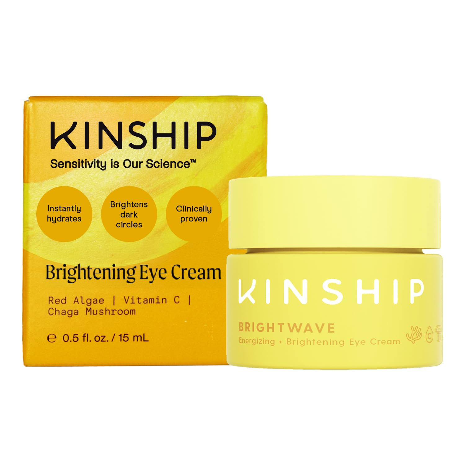 Kinship Brightwave under-eye cream bottle shows vitamin C benefits for brighter under-eye skin