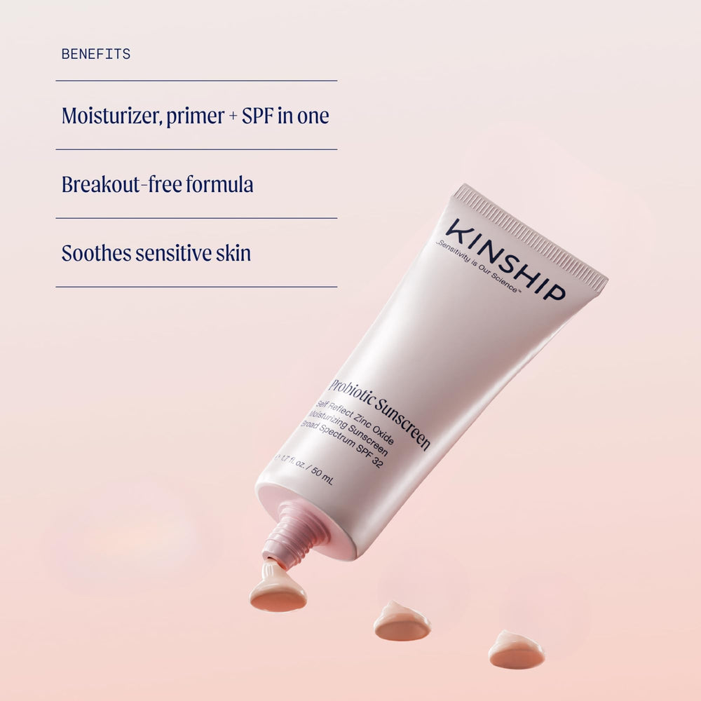 Kinship Self Reflect sunscreen on skin highlights vegan, reef-safe sun protection.