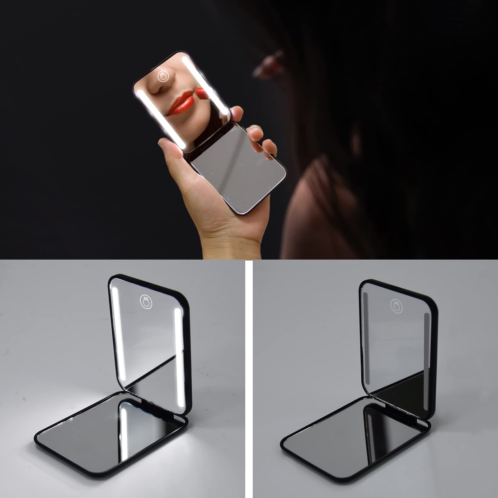 Kintion pocket mirror dimmable LED lighting for adjustable brightness during makeup tasks.