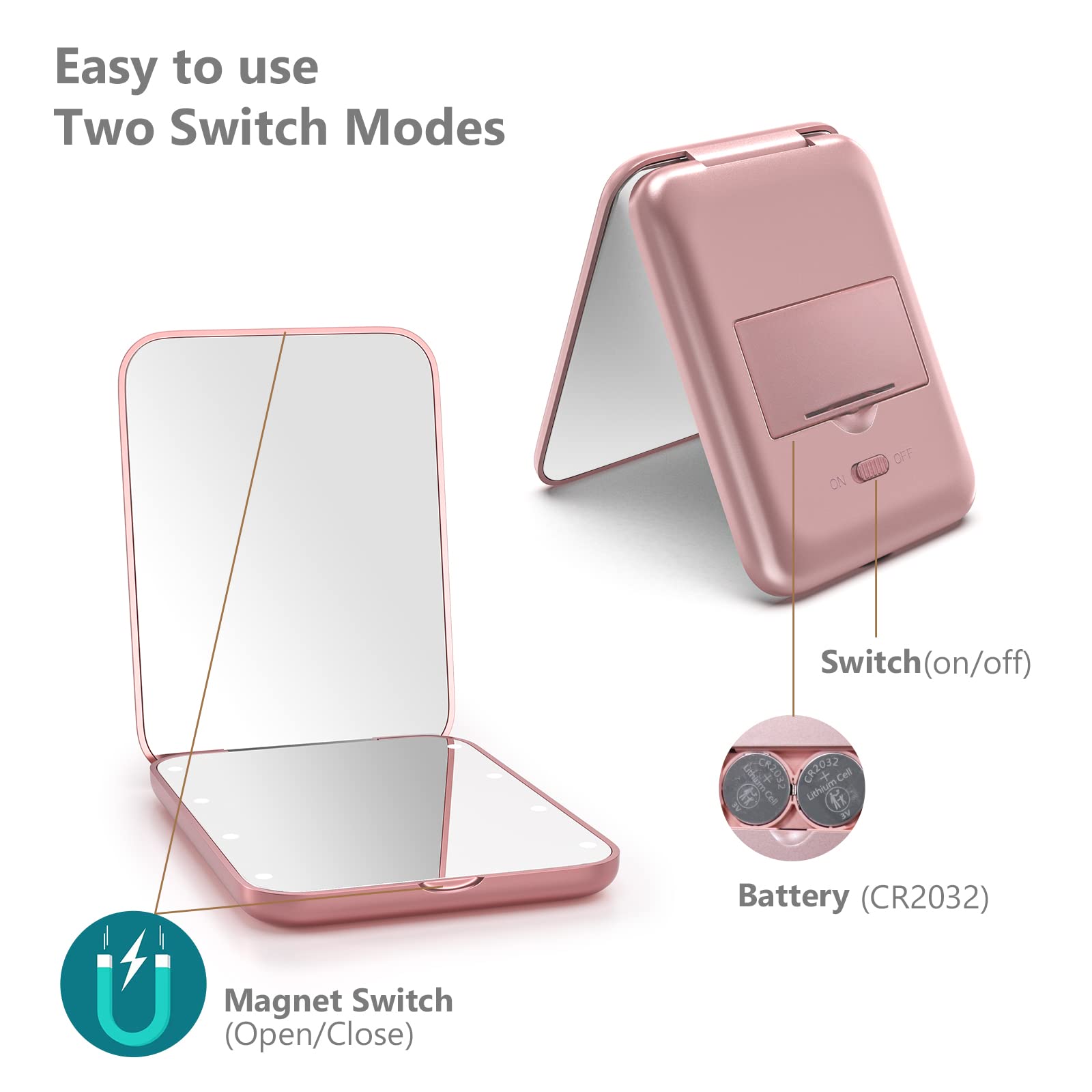 Kintion pocket mirror uses magnetic LED switches for convenient brightness control.
