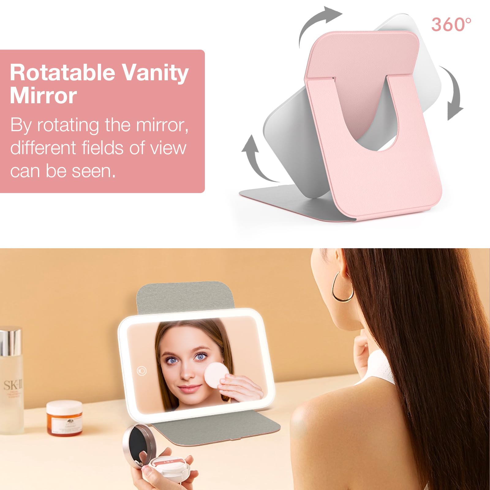 Kintion portable rechargeable vanity mirror is travel-ready for on-the-go touch-ups.
