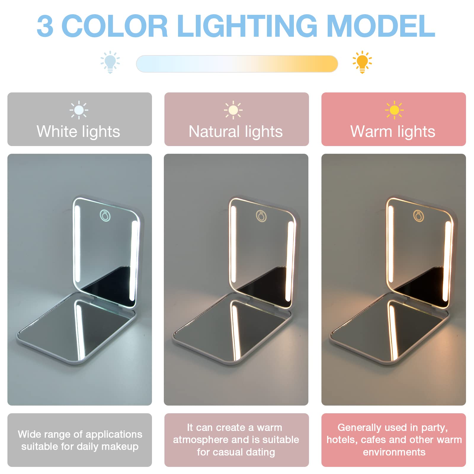 Kintion rechargeable pocket mirror dimmable brightness for adjustable lighting