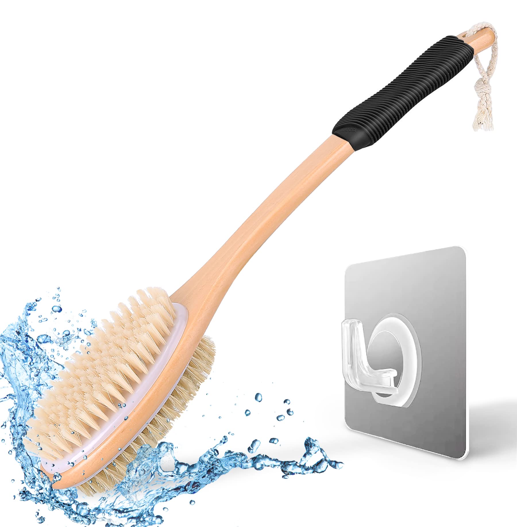 KIPRITII back scrubber arc-handle closeup for easier back reaching and exfoliation.