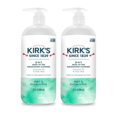 Kirk's 3-in-1 cleanser bottle offers refreshing head-to-toe cleansing with mint-eucalyptus scent.