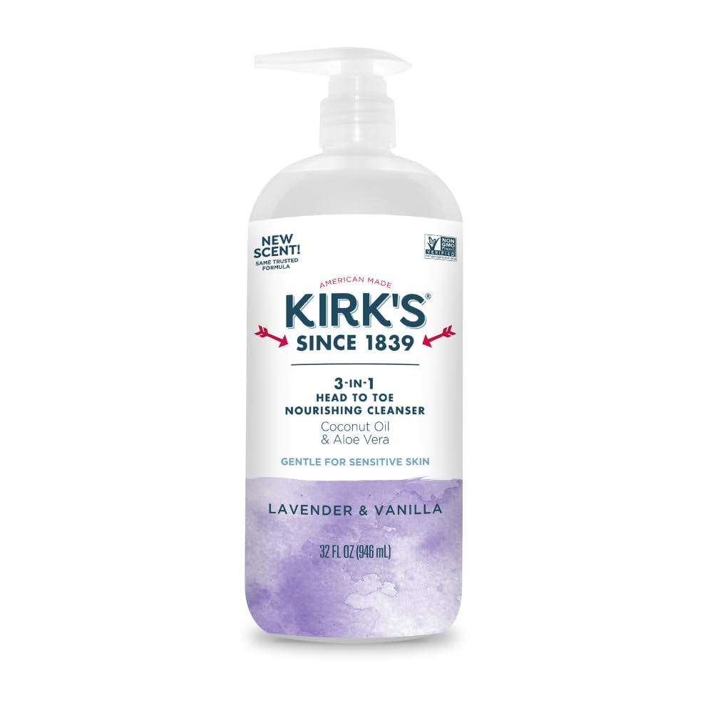 Kirk's 3-in-1 cleanser bottle pump for head-to-toe nourishment across ages.