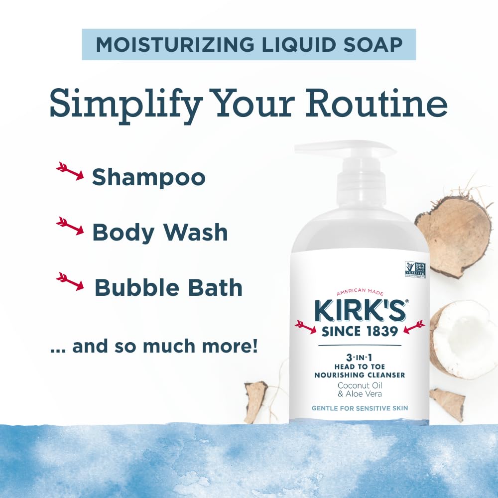 Coconut oil and aloe in Kirk's cleanser nourish skin during showering.