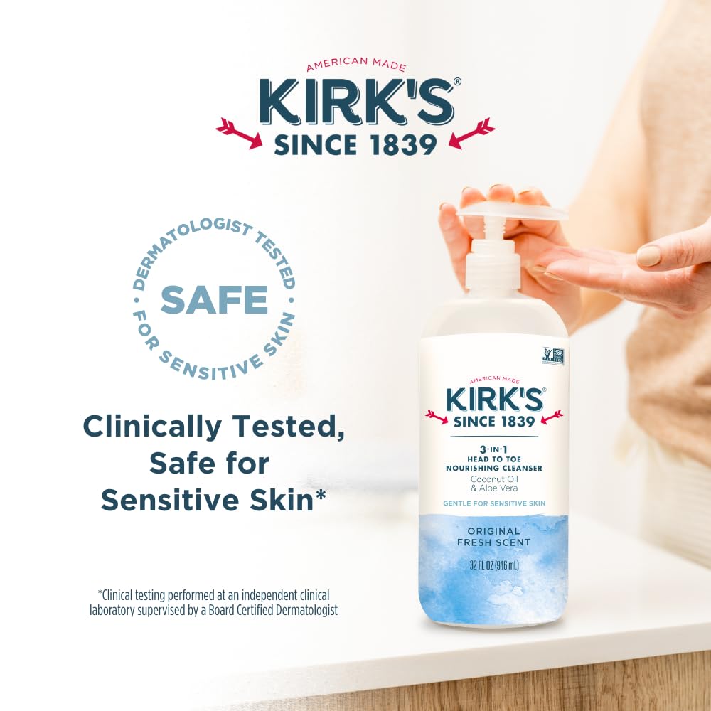Family-friendly 32 oz Kirk's cleanser with vegan and Non-GMO formula.