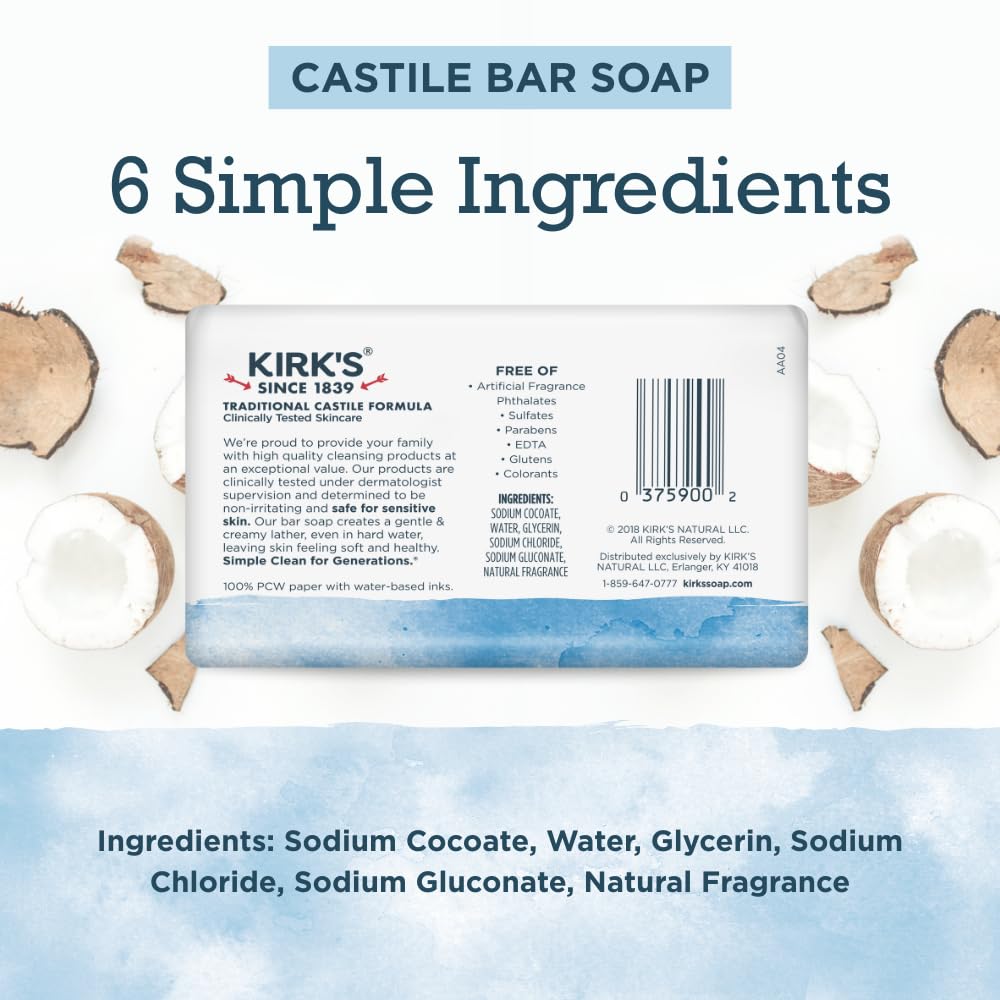 Kirk's Castile coconut oil formula bar soap for hydrating cleansing.