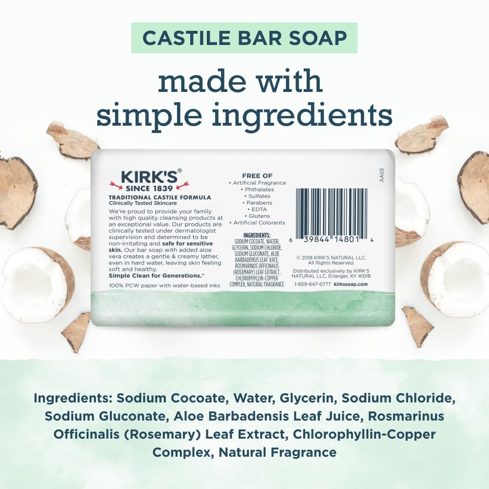 Kirk's Castile soap coconut oil ingredient panel for moisturization.