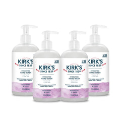 Kirk's Hydrating Hand Wash bottle pump demonstrates easy daily cleansing for kitchen and bath.
