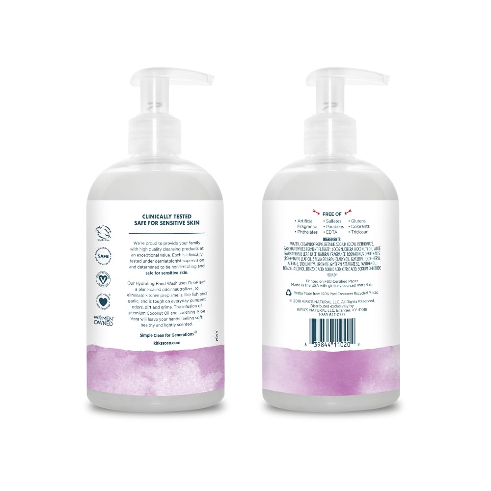 Kirk's Hydrating Hand Wash coconut oil splash emphasizes rich feel during wash.