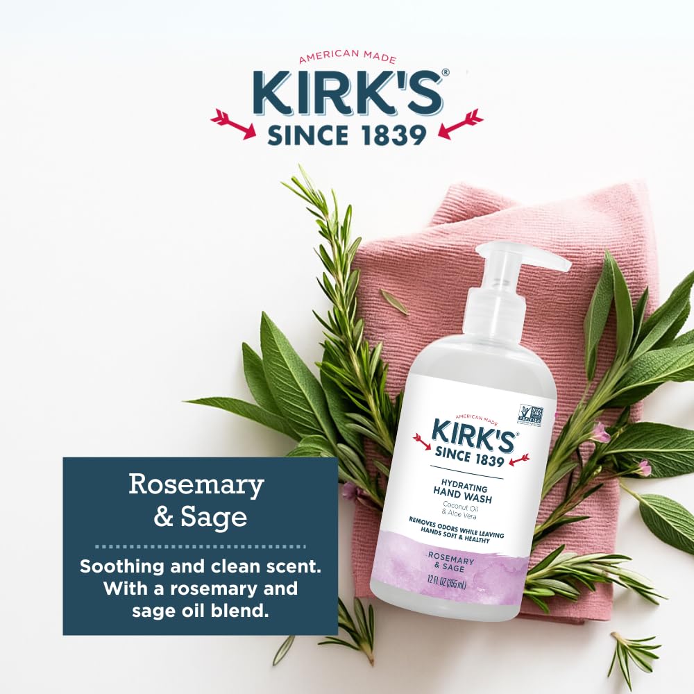 Kirk's Hydrating Hand Wash creamy lather highlights coconut oil nourishment for softer hands.