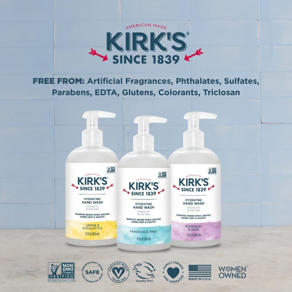 Kirk's Hydrating Hand Wash four-pack packaging showcased for family use.