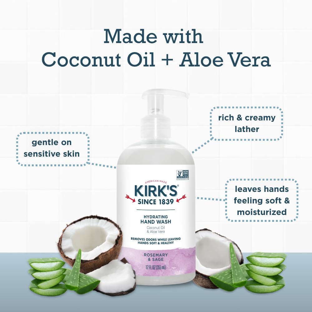 Kirk's Hydrating Hand Wash rosemary sage ingredients photo highlights natural scent blend.