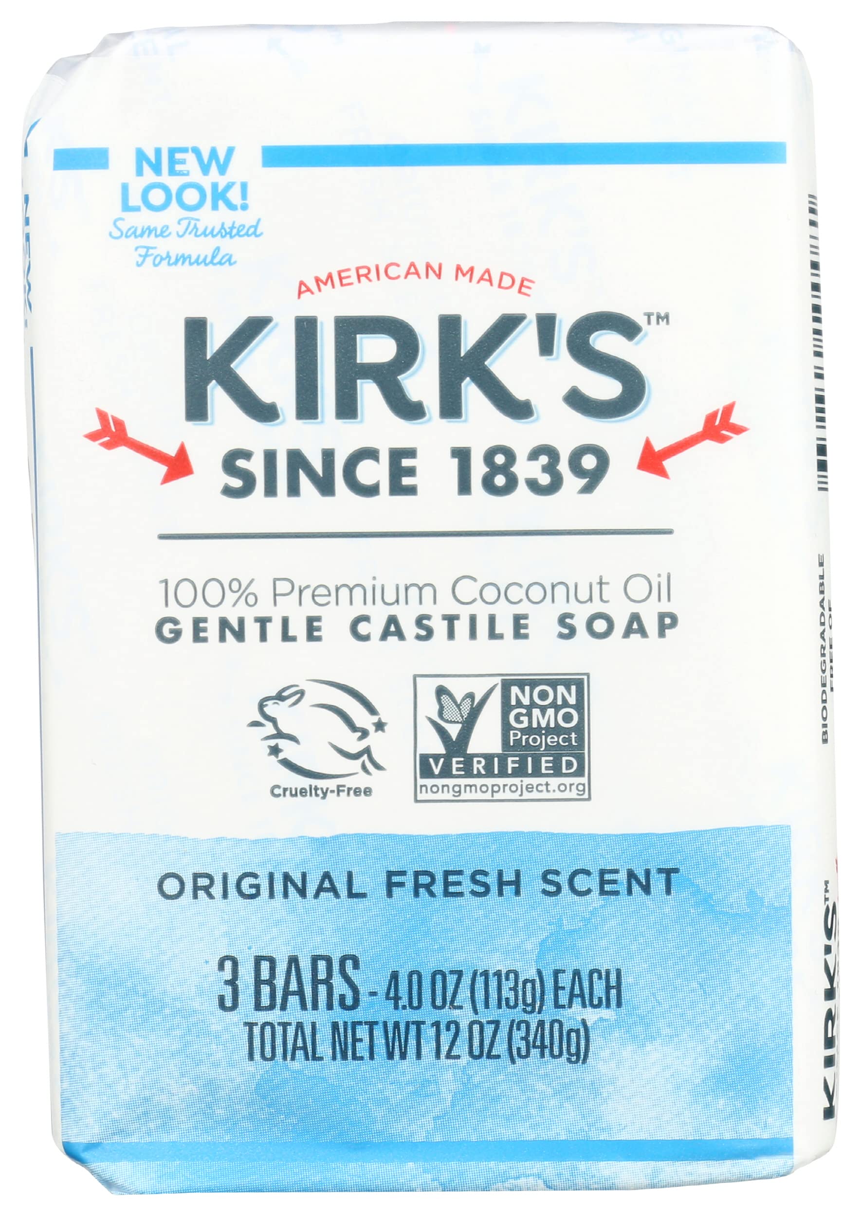 Kirk's Natural Castile Soap Original 4oz bar in a 3-pack for versatile cleansing.