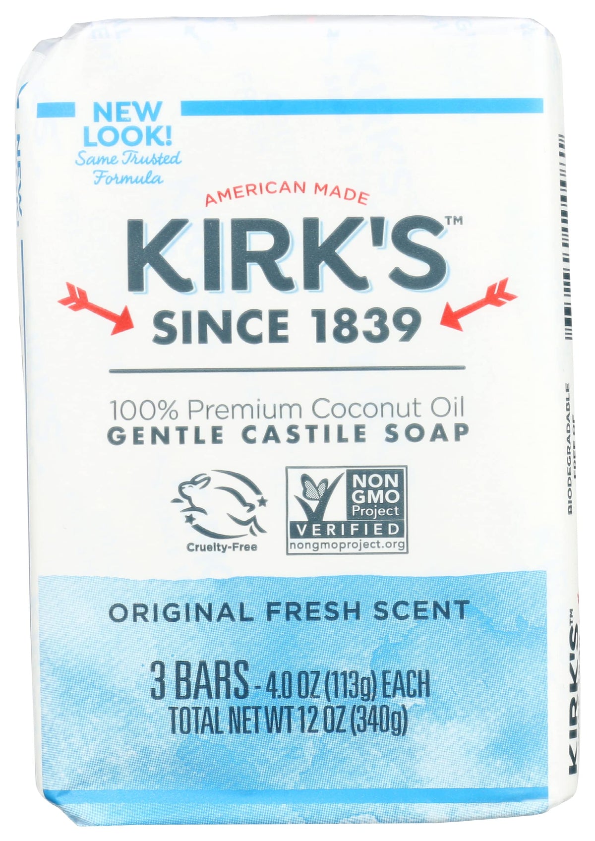 Kirk's Natural Castile Soap Original 4oz bar in a 3-pack for versatile cleansing.