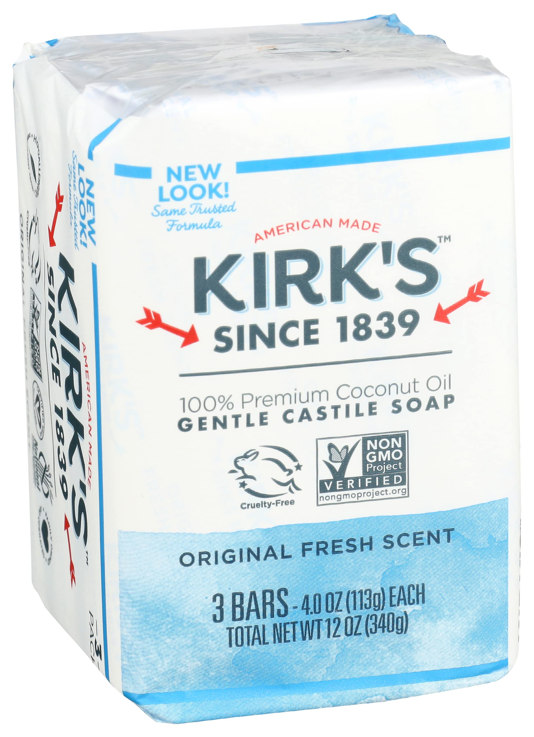 Kirk's Natural Castile Soap Original biodegradable packaging highlights eco-friendly choice.