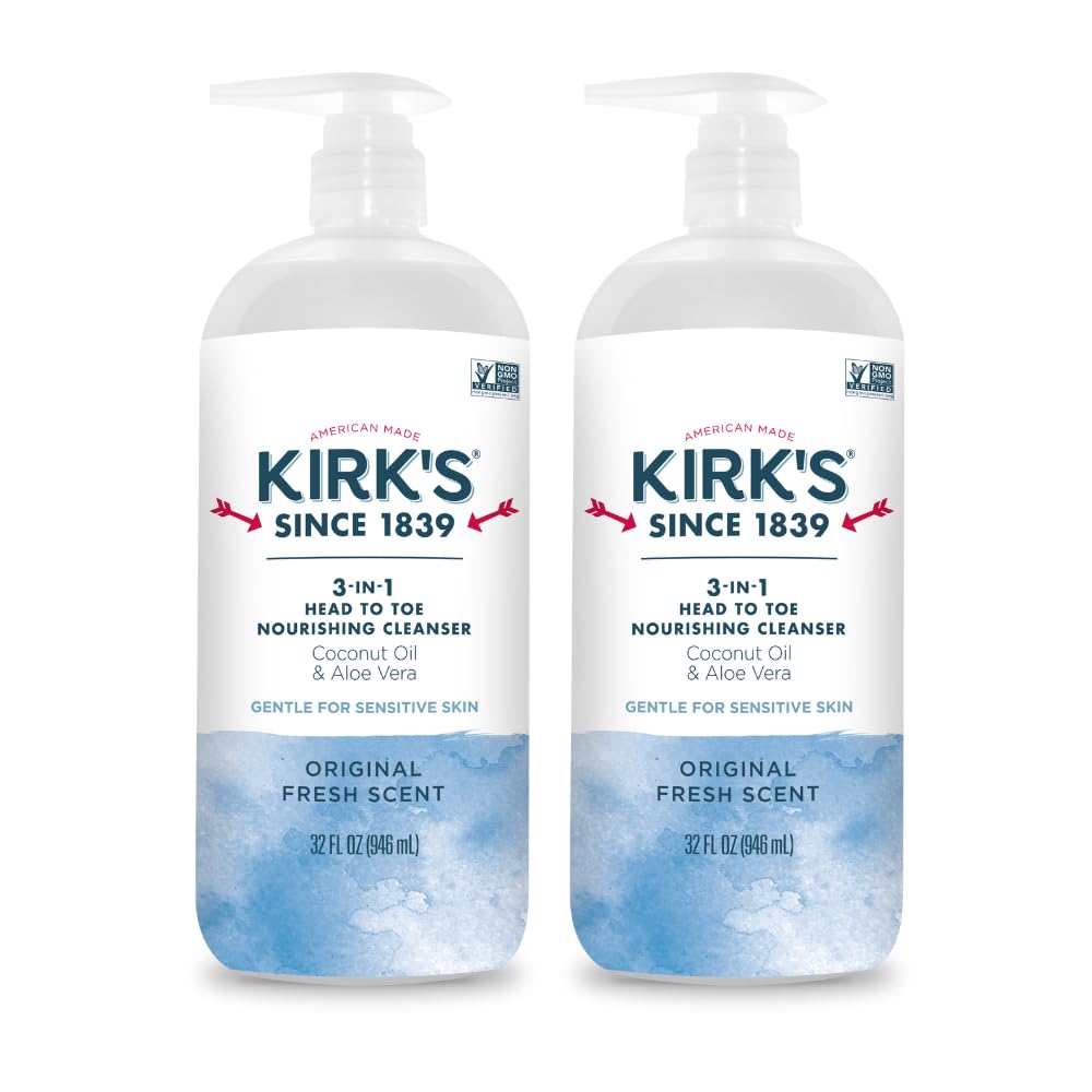 Kirk's 3-in-1 bottle closeup shows gentle head-to-toe cleansing for families