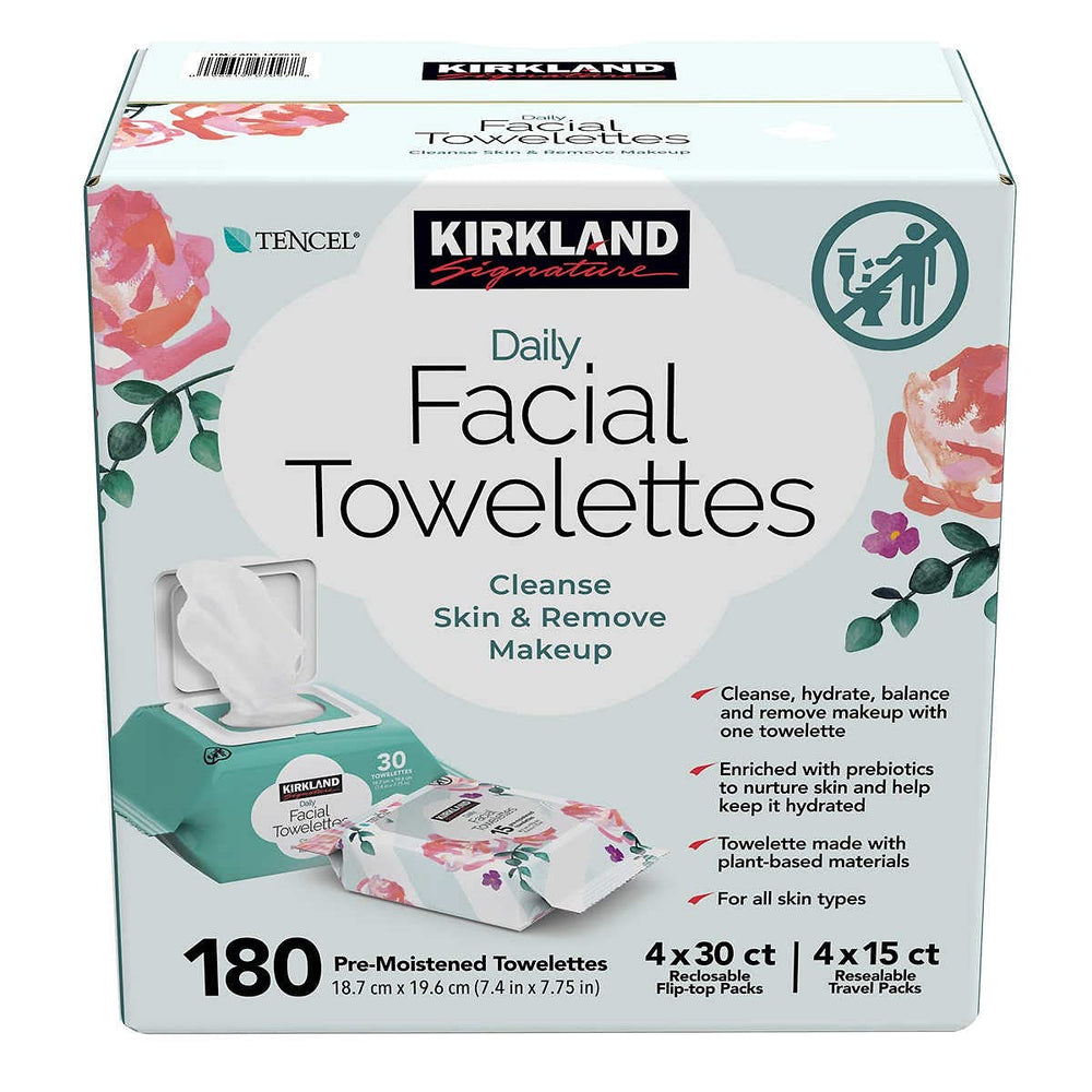Kirkland Signature Daily Facial Towelettes packshot highlights a convenient cleansing solution for everyday use