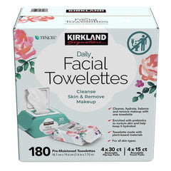 Kirkland Signature Daily Facial Towelettes packshot highlights a convenient cleansing solution for everyday use