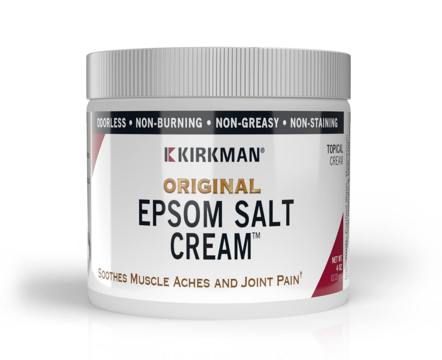 Kirkman Epsom Salt Cream front view, compact 4oz jar for daily skin application.