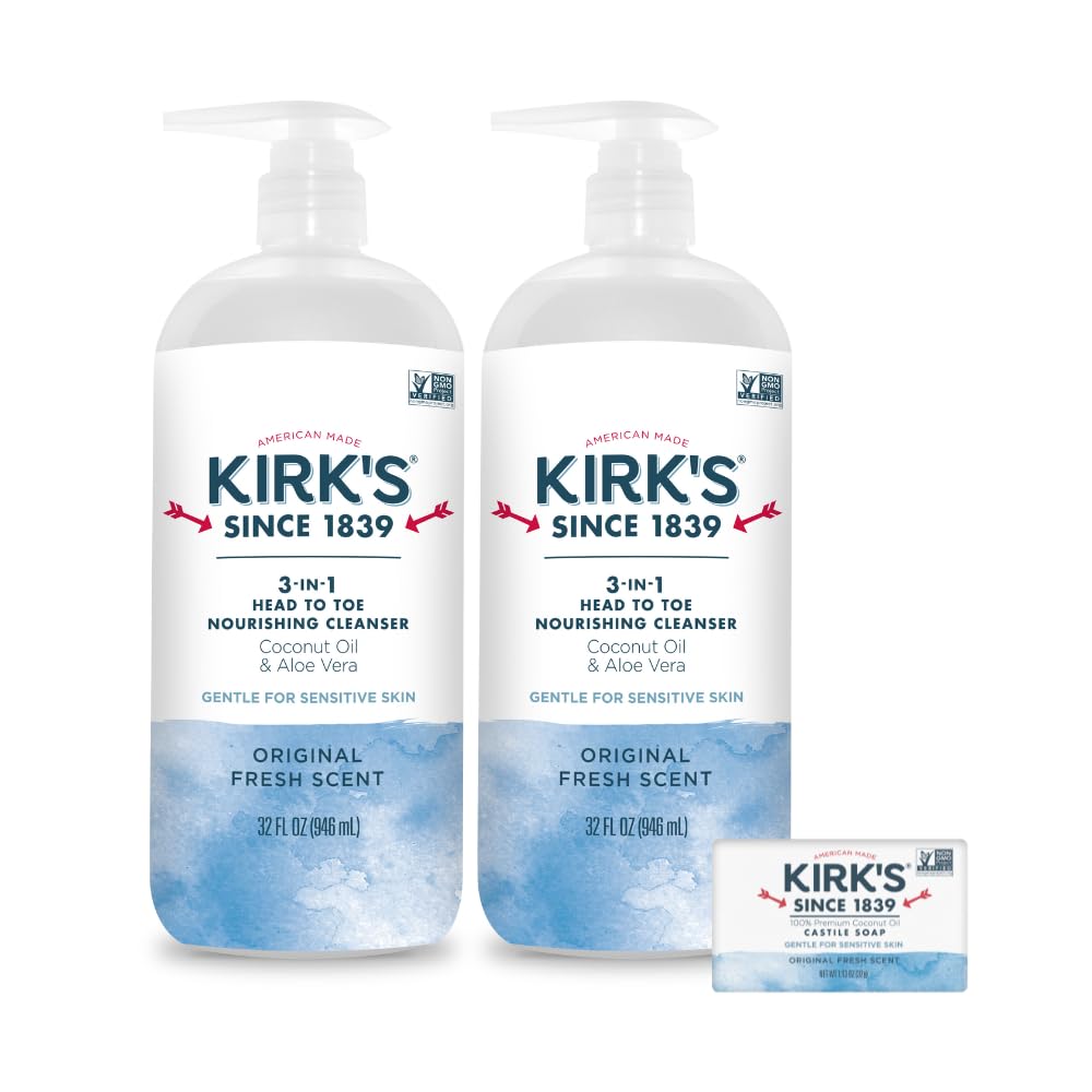 Kirk's 3-in-1 bottle pump closeup shows a gentle all-in-one cleanse for daily skin.